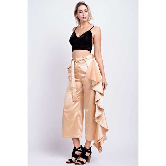 Women's Casual Tie Front Silky Side Ruffle Culottes Wide Leg Pants - Picture 4 of 10